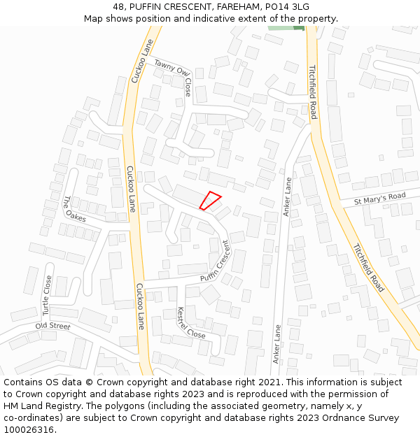 48, PUFFIN CRESCENT, FAREHAM, PO14 3LG: Location map and indicative extent of plot