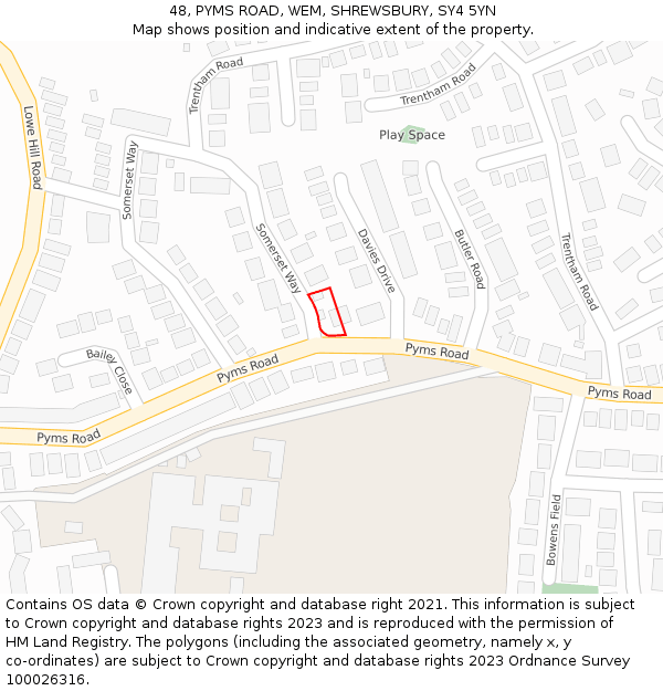 48, PYMS ROAD, WEM, SHREWSBURY, SY4 5YN: Location map and indicative extent of plot