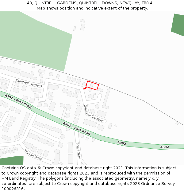 48, QUINTRELL GARDENS, QUINTRELL DOWNS, NEWQUAY, TR8 4LH: Location map and indicative extent of plot