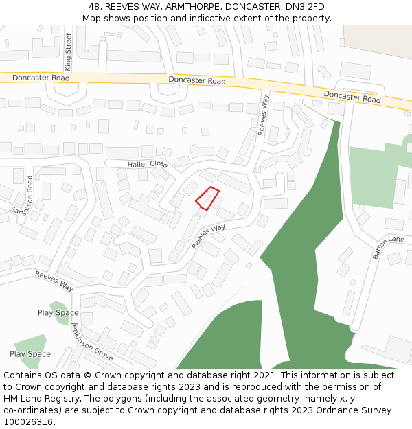 48, REEVES WAY, ARMTHORPE, DONCASTER, DN3 2FD: Location map and indicative extent of plot