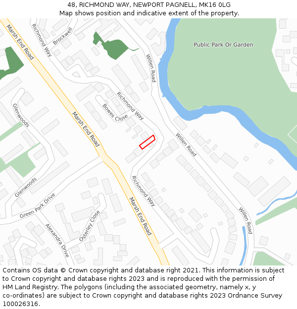 48, RICHMOND WAY, NEWPORT PAGNELL, MK16 0LG: Location map and indicative extent of plot