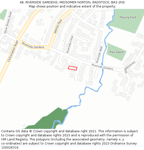 48, RIVERSIDE GARDENS, MIDSOMER NORTON, RADSTOCK, BA3 2NS: Location map and indicative extent of plot