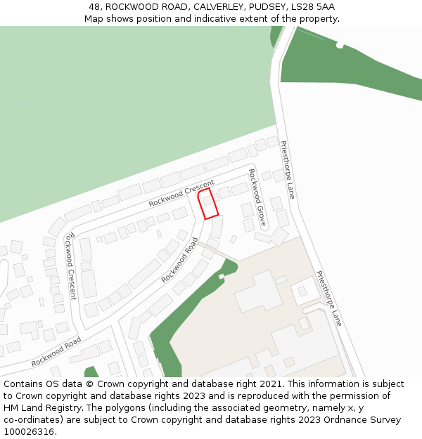 48, ROCKWOOD ROAD, CALVERLEY, PUDSEY, LS28 5AA: Location map and indicative extent of plot