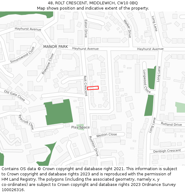 48, ROLT CRESCENT, MIDDLEWICH, CW10 0BQ: Location map and indicative extent of plot