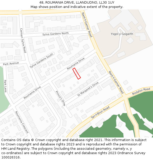 48, ROUMANIA DRIVE, LLANDUDNO, LL30 1UY: Location map and indicative extent of plot