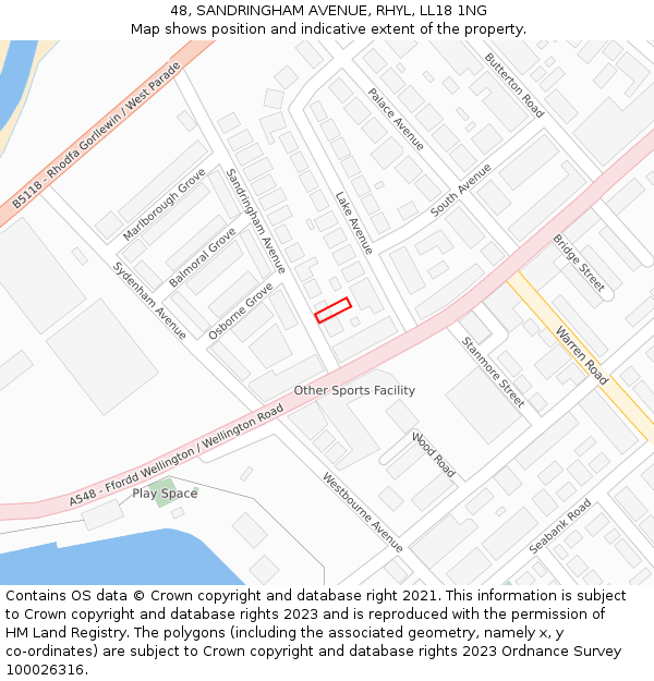 48, SANDRINGHAM AVENUE, RHYL, LL18 1NG: Location map and indicative extent of plot