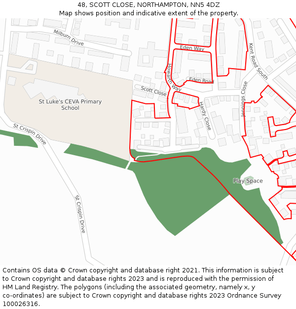 48, SCOTT CLOSE, NORTHAMPTON, NN5 4DZ: Location map and indicative extent of plot