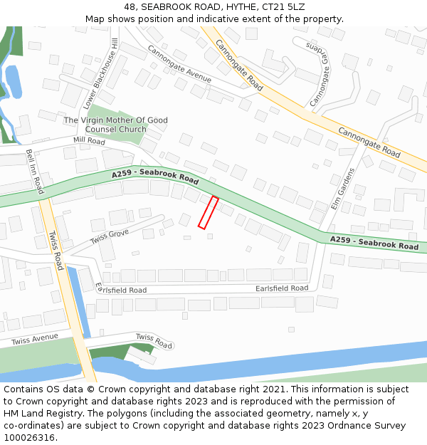 48, SEABROOK ROAD, HYTHE, CT21 5LZ: Location map and indicative extent of plot