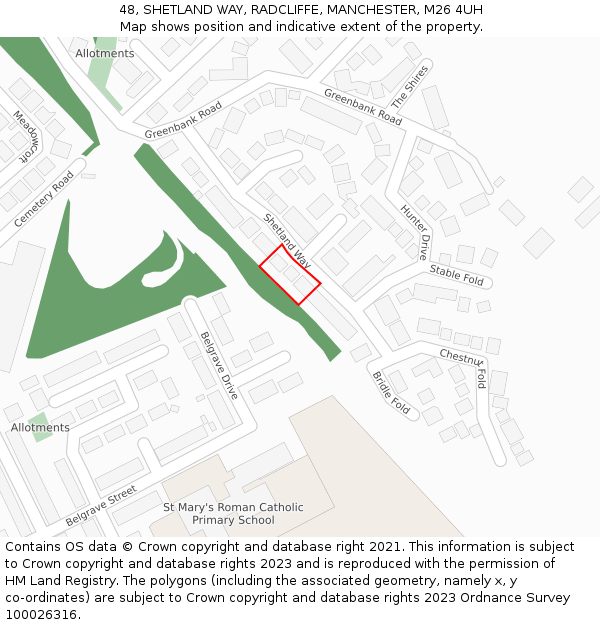 48, SHETLAND WAY, RADCLIFFE, MANCHESTER, M26 4UH: Location map and indicative extent of plot