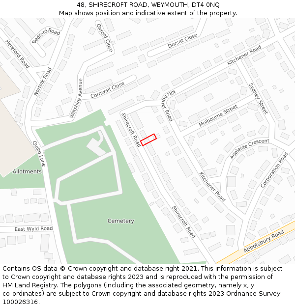 48, SHIRECROFT ROAD, WEYMOUTH, DT4 0NQ: Location map and indicative extent of plot