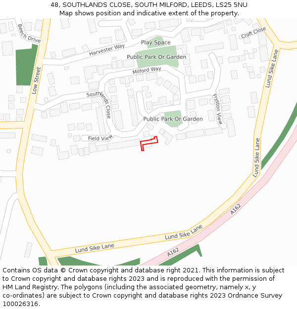 48, SOUTHLANDS CLOSE, SOUTH MILFORD, LEEDS, LS25 5NU: Location map and indicative extent of plot