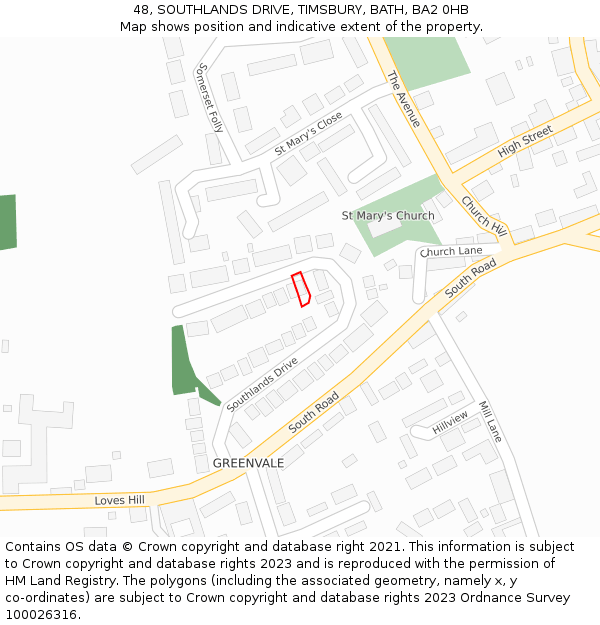 48, SOUTHLANDS DRIVE, TIMSBURY, BATH, BA2 0HB: Location map and indicative extent of plot