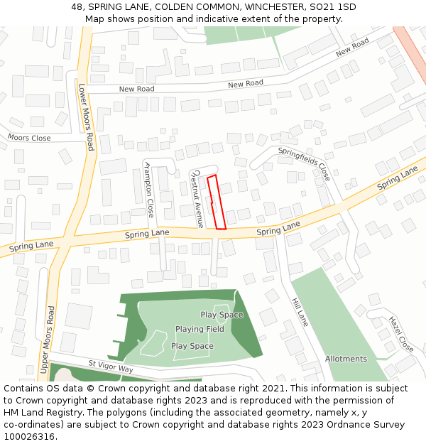 48, SPRING LANE, COLDEN COMMON, WINCHESTER, SO21 1SD: Location map and indicative extent of plot