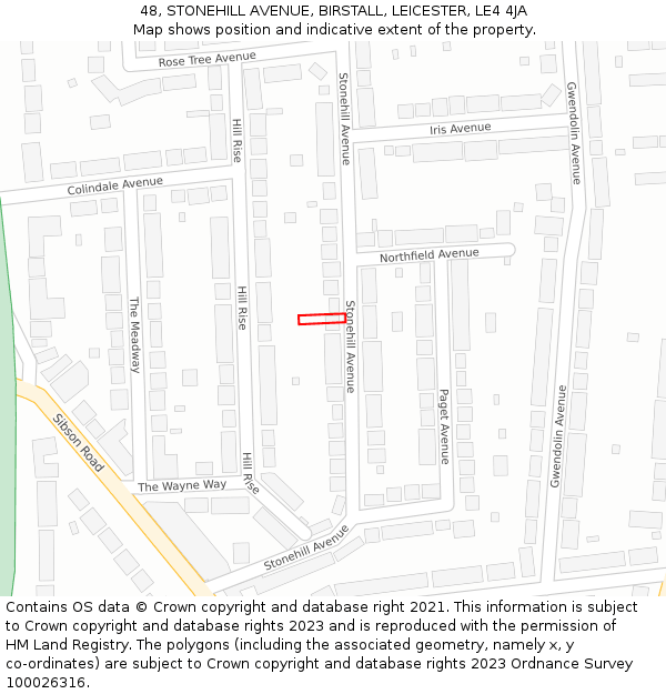 48, STONEHILL AVENUE, BIRSTALL, LEICESTER, LE4 4JA: Location map and indicative extent of plot