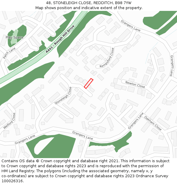 48, STONELEIGH CLOSE, REDDITCH, B98 7YW: Location map and indicative extent of plot