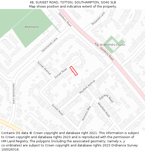 48, SUNSET ROAD, TOTTON, SOUTHAMPTON, SO40 3LB: Location map and indicative extent of plot