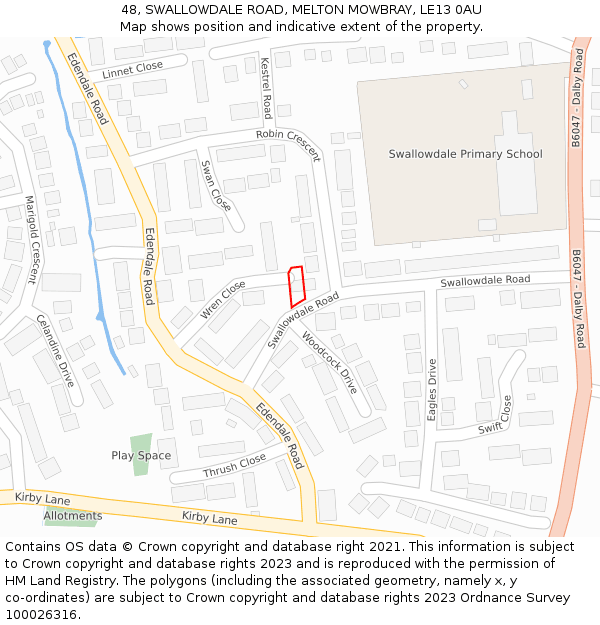 48, SWALLOWDALE ROAD, MELTON MOWBRAY, LE13 0AU: Location map and indicative extent of plot