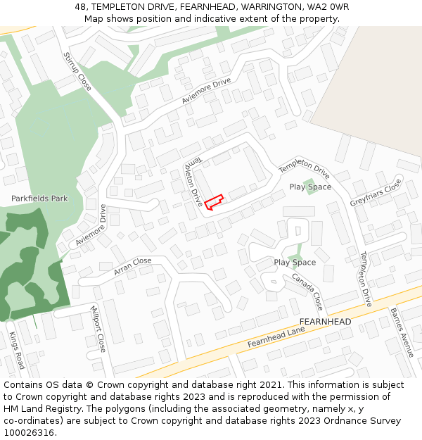 48, TEMPLETON DRIVE, FEARNHEAD, WARRINGTON, WA2 0WR: Location map and indicative extent of plot