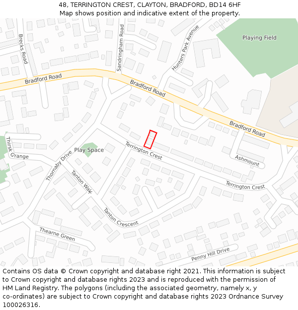 48, TERRINGTON CREST, CLAYTON, BRADFORD, BD14 6HF: Location map and indicative extent of plot