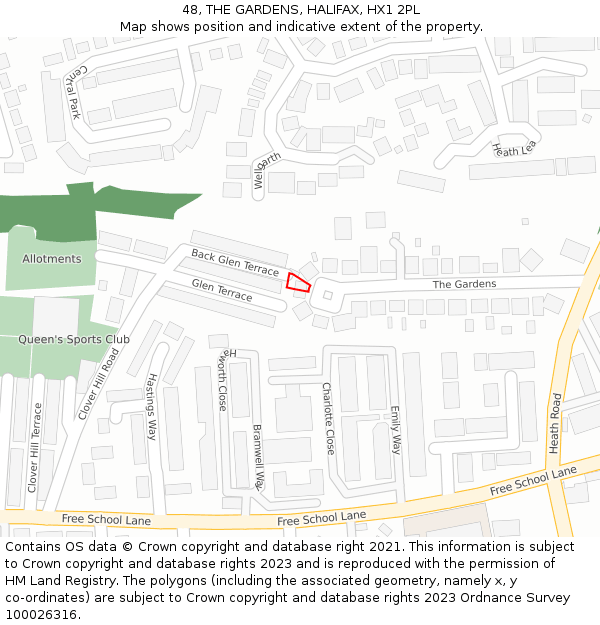 48, THE GARDENS, HALIFAX, HX1 2PL: Location map and indicative extent of plot