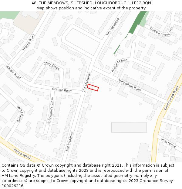48, THE MEADOWS, SHEPSHED, LOUGHBOROUGH, LE12 9QN: Location map and indicative extent of plot