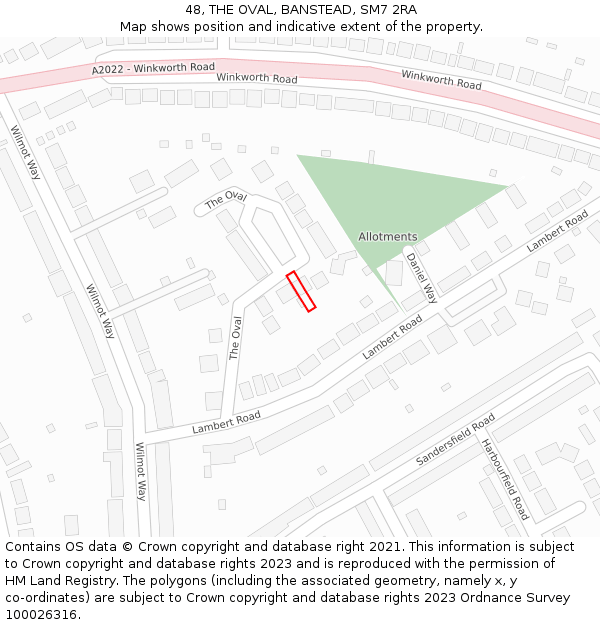 48, THE OVAL, BANSTEAD, SM7 2RA: Location map and indicative extent of plot