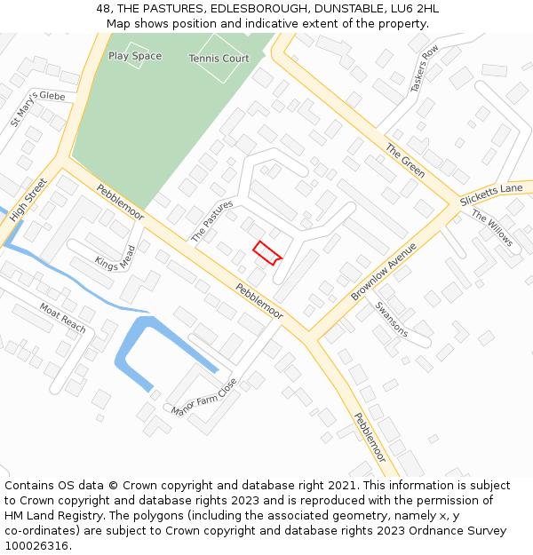 48, THE PASTURES, EDLESBOROUGH, DUNSTABLE, LU6 2HL: Location map and indicative extent of plot