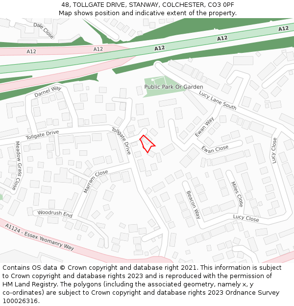 48, TOLLGATE DRIVE, STANWAY, COLCHESTER, CO3 0PF: Location map and indicative extent of plot