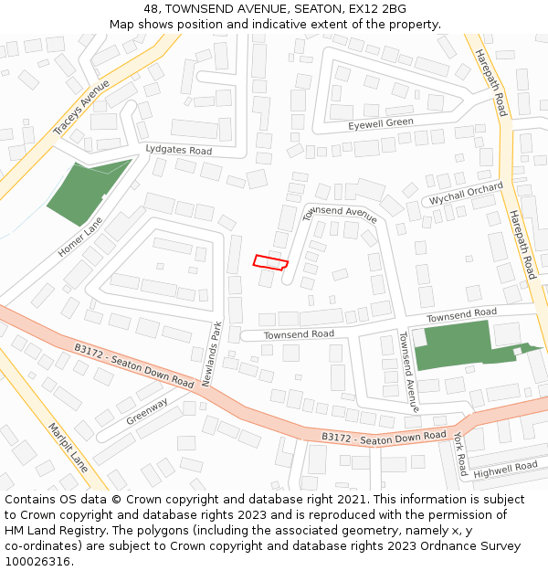 48, TOWNSEND AVENUE, SEATON, EX12 2BG: Location map and indicative extent of plot