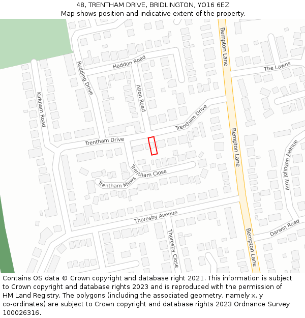 48, TRENTHAM DRIVE, BRIDLINGTON, YO16 6EZ: Location map and indicative extent of plot
