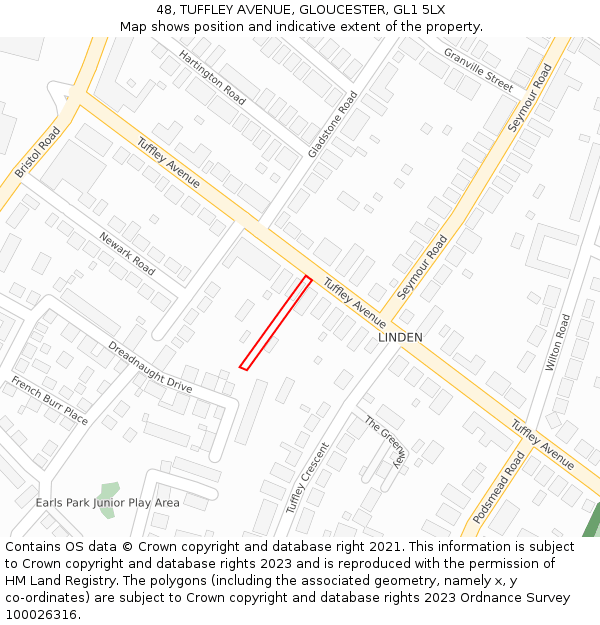 48, TUFFLEY AVENUE, GLOUCESTER, GL1 5LX: Location map and indicative extent of plot