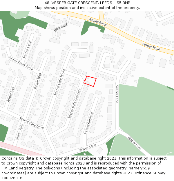 48, VESPER GATE CRESCENT, LEEDS, LS5 3NP: Location map and indicative extent of plot