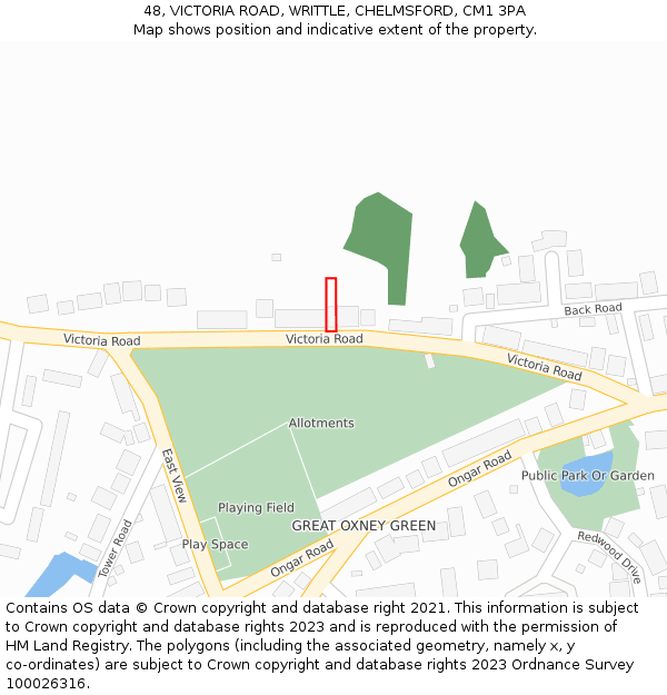 48, VICTORIA ROAD, WRITTLE, CHELMSFORD, CM1 3PA: Location map and indicative extent of plot