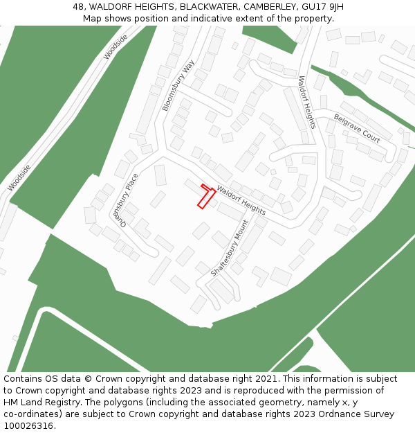 48, WALDORF HEIGHTS, BLACKWATER, CAMBERLEY, GU17 9JH: Location map and indicative extent of plot