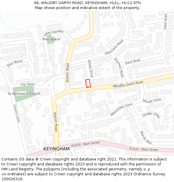 48, WAUDBY GARTH ROAD, KEYINGHAM, HULL, HU12 9TN: Location map and indicative extent of plot