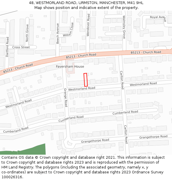 48, WESTMORLAND ROAD, URMSTON, MANCHESTER, M41 9HL: Location map and indicative extent of plot