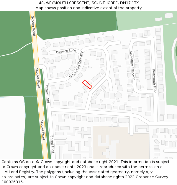 48, WEYMOUTH CRESCENT, SCUNTHORPE, DN17 1TX: Location map and indicative extent of plot