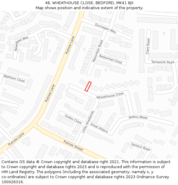 48, WHEATHOUSE CLOSE, BEDFORD, MK41 8JX: Location map and indicative extent of plot