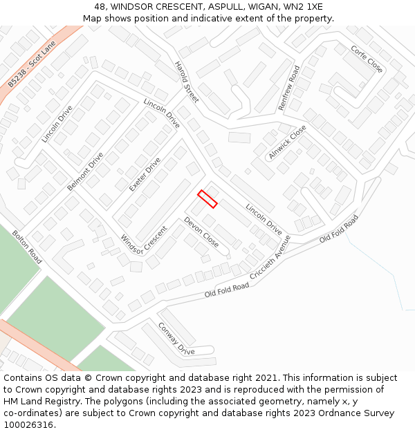 48, WINDSOR CRESCENT, ASPULL, WIGAN, WN2 1XE: Location map and indicative extent of plot