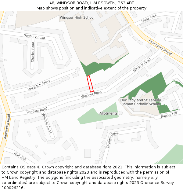 48, WINDSOR ROAD, HALESOWEN, B63 4BE: Location map and indicative extent of plot
