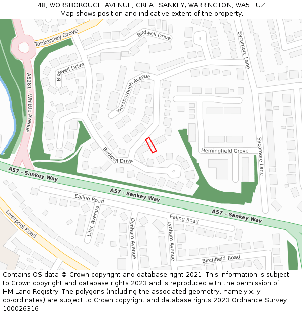 48, WORSBOROUGH AVENUE, GREAT SANKEY, WARRINGTON, WA5 1UZ: Location map and indicative extent of plot