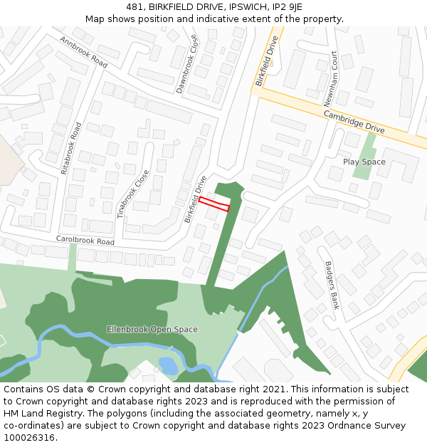 481, BIRKFIELD DRIVE, IPSWICH, IP2 9JE: Location map and indicative extent of plot