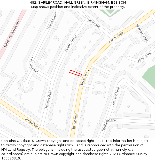 482, SHIRLEY ROAD, HALL GREEN, BIRMINGHAM, B28 8QN: Location map and indicative extent of plot