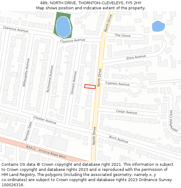 489, NORTH DRIVE, THORNTON-CLEVELEYS, FY5 2HY: Location map and indicative extent of plot