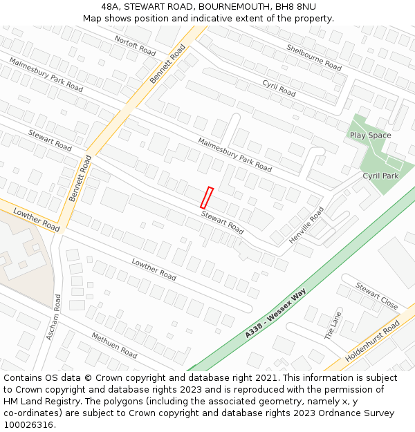 48A, STEWART ROAD, BOURNEMOUTH, BH8 8NU: Location map and indicative extent of plot