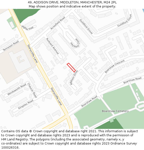 49, ADDISON DRIVE, MIDDLETON, MANCHESTER, M24 2PL: Location map and indicative extent of plot