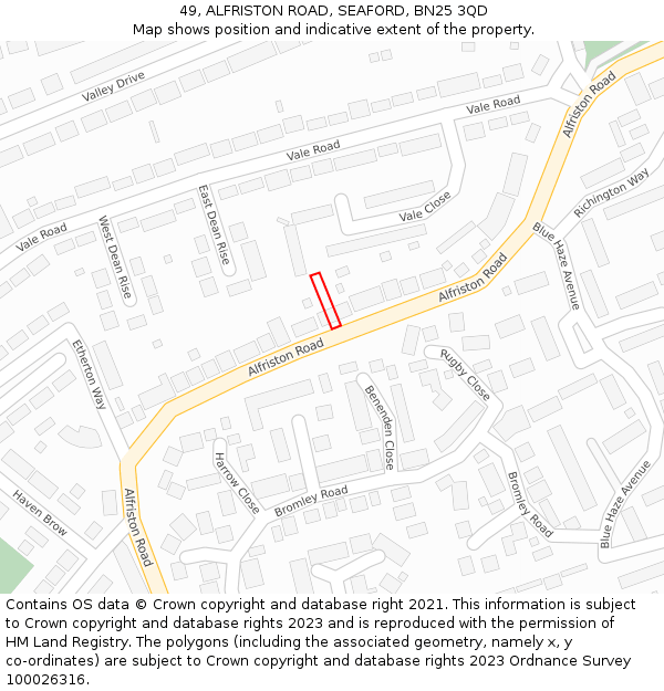 49, ALFRISTON ROAD, SEAFORD, BN25 3QD: Location map and indicative extent of plot