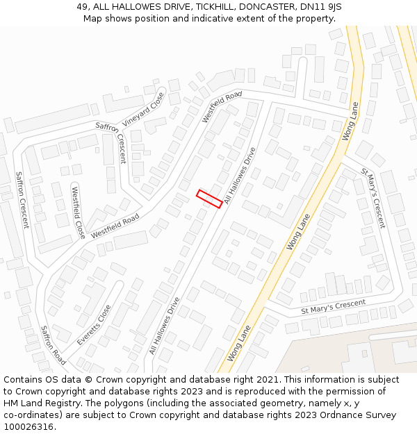 49, ALL HALLOWES DRIVE, TICKHILL, DONCASTER, DN11 9JS: Location map and indicative extent of plot