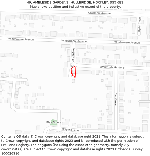 49, AMBLESIDE GARDENS, HULLBRIDGE, HOCKLEY, SS5 6ES: Location map and indicative extent of plot
