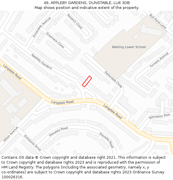 49, APPLEBY GARDENS, DUNSTABLE, LU6 3DB: Location map and indicative extent of plot